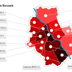 Mapa Warszawy z zaznaczonymi dzielnicami i średnimi cenami wynajmu kawalerki. Sprawdź, ile wynosi czynsz za mieszkanie w Warszawie w poszczególnych rejonach.