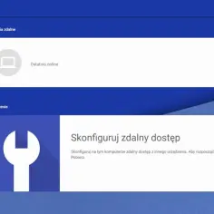 Pulpit zdalny Chrome. Ikona komputera i tekst "Ostatnio online". Poniżej klucz francuski i opcja "Skonfiguruj zdalny dostęp".