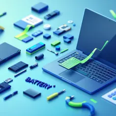 Czy można wymienić baterię w tablecie? Na zdjęciu widać laptop, kalkulator, długopisy i różne moduły, sugerujące możliwość wymiany baterii.