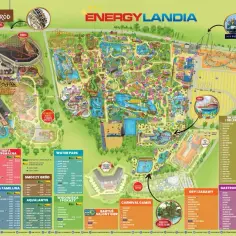Energylandia ile atrakcji czeka na Ciebie! Mapa pokazuje rozległy park rozrywki z licznymi strefami: Smoczy Gród, Bajkolandia, Strefa Ekstremalna, Water Park i wiele innych.