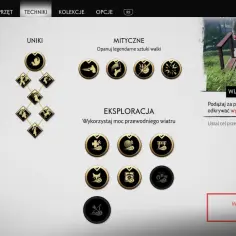 Drzewko umiejętności z gry Ghost of Tsushima: parowanie, uniki, mityczne techniki i eksploracja. Wiatr koncentracji prowadzi do wyzwań łuczniczych.