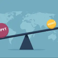 Waga z kulami "popyt" i "podaż". Człowiek balansuje na szali, próbując utrzymać równowagę między nimi, ilustrując prawo podaży.