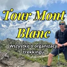 Mężczyzna z plecakiem na tle gór, przygotowuje się do trekkingu Tour du Mont Blanc.