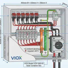 Wewnątrz skrzynki solarnej VIOX widać różne rodzaje bezpieczników i zabezpieczeń, w tym bezpieczniki sznurów, zabezpieczenie nadprądowe i rozłącznik DC.