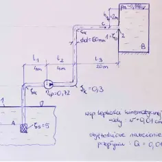Schemat instalacji hydraulicznej z pompą, zbiornikami i rurami o średnicy 60mm. Obliczenia uwzględniają objętość rury i straty ciśnienia.