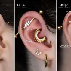 Kolczyki ucho nazwy: helix, rook, conch, anti tragus, daith, tragus, industrial, upper lobe, lobe.