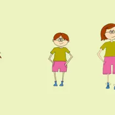 Trzy postacie: dziecko w sukience, chłopiec w szortach i transseksualna osoba w szortach i bluzce, prezentujące ewolucję wyglądu.