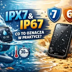 Smartwatch i smartfon z certyfikatem IP67 zanurzone w wodzie. Wskazują na odporność na zanurzenie do 1 metra przez 30 minut.