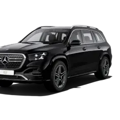 Elegancki, czarny Mercedes-Benz GLS na czarnym tle.
