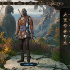 Drow Wojownik Tav z Baldur's Gate, gotowy do walki. Jego statystyki wskazują na siłę i zręczność.
