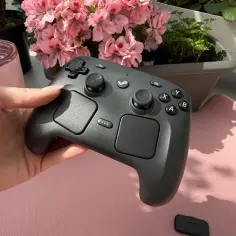 Dłoń trzyma czarny kontroler Steam Deck, idealny do najlepszych gier na pada. W tle różowe kwiaty i zielone rośliny.