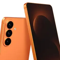 Pomarańczowy Samsung S26 premiera. Dwa telefony, jeden z tyłu z trzema aparatami, drugi z przodu z ekranem.