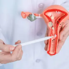 Model narządu rodnego kobiety z widocznym guzek na szyjce macicy wyczuwalny palcem.