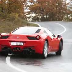 Czerwone Ferrari 458 na mokrej, krętej drodze wśród jesiennych drzew.