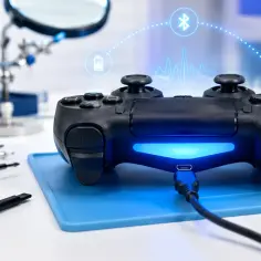 Jak podłączyć pada do PS4? Widok pada z podłączonym kablem USB, w tle narzędzia. Ikony Bluetooth i Wi-Fi sugerują połączenie.