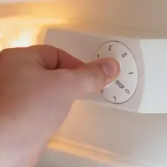 Dłoń kręci pokrętłem termostatu lodówki z oznaczeniami STOP, 0, 1, 2, 3, 4, 5, 6, 7.