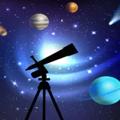 Teleskop na statywie obserwuje kosmos. Widać planety, komety i gwiazdy. Młody astronom marzy o odkryciach.