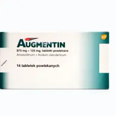 Opakowanie leku Augmentin 875 mg + 125 mg, 14 tabletek. Informacje o augmentin dawkowanie na opakowaniu.