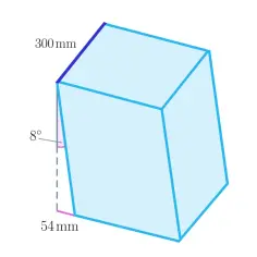 Przekrój bryły, ukazujący geometrię przestrzenną i wzory: wymiary 300mm, 54mm i kąt 8°.