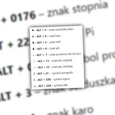 Lista kombinacji klawiszy Alt z cyframi do wprowadzania znaków specjalnych na klawiaturze, np. serduszka, karo, paragrafu.