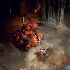 Potężny Duriel z Diablo 2, otoczony przez bohaterów w mrocznej jaskini, szykuje się do ataku.