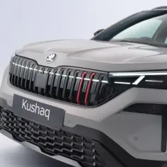 Nowy model Skoda Kushaq z charakterystycznym grillem i nowoczesnymi światłami LED.