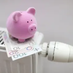 Różowa świnka-skarbonka na grzejniku, pod nią polskie banknoty. Symbol oszczędzania na ogrzewaniu, może nawet zapowiedź bonu ciepłowniczego.