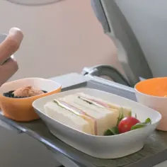 Na tacy w samolocie kanapki, deser i napój. Czy można przewozić jedzenie w bagażu podręcznym? Tak, ale sprawdź zasady linii lotniczych.