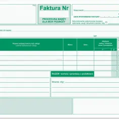 Faktura z procedurą marży dla biur podróży, z polami na dane sprzedawcy, nabywcy, opis usług i podsumowanie wartości sprzedaży z podatkiem.
