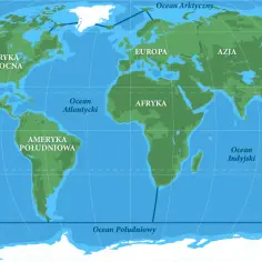Mapa świata z zaznaczonymi kontynentami i oceanami: Spokojnym, Atlantyckim, Indyjskim, Południowym i Arktycznym.