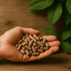 Dłoń trzymająca pellet drzewny, symbol ekologicznego ogrzewania. Sprawdź, czy przysługuje Ci dofinansowanie do pieca na pellet.
