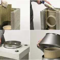 Montaż ceramicznego komina: cięcie izolacji, uszczelnianie, mocowanie i zakładanie daszka.