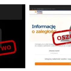 Zrzut ekranu z wiadomością SMS i stroną internetową z napisem "OSZUSTWO".