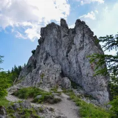 Kamienista ścieżka prowadzi pod stromą, skalistą ścianę. Szlak "Gęsia Szyja" wije się wśród zieleni i chmur.