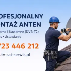 Profesjonalny montaż anten DVB-T2. Fachowiec ustawia antenę satelitarną na dachu. Zadzwoń po pomoc!