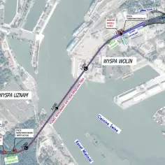Plan tunelu w Świnoujściu, pokazujący przebieg pod cieśniną Świna, łączący wyspy Uznam i Wolin.
