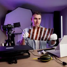 Mężczyzna w białych rękawiczkach pokazuje kliszę, przygotowując się do tego, jak zrobić zdjęcie ze zdjęcia. Na stole leży laptop i sprzęt.