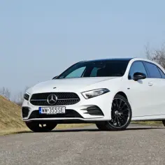 Biały Mercedes A250 z czarnym dachem i felgami stoi na drodze, na tle suchej trawy i drzew.