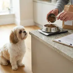 Mały piesek Shih Tzu czeka cierpliwie, aż właściciel odmierzy mu idealną porcję suchej karmy dla szczeniaka.