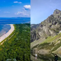 Plaża pełna ludzi kontra góry z jeziorem i śniegiem. To pokazuje, dlaczego w górach jest zimniej niż nad morzem.