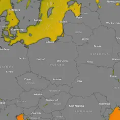 Mapa pokazuje temperaturę Bałtyku. Kolory wskazują, ile stopni ma Bałtyk teraz, od żółtego po pomarańczowy.