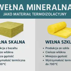 Porównanie wełny skalnej i szklanej – materiałów termoizolacyjnych. Wełna skalna z bazaltu, grubsze włókna, większa gęstość, wytrzymałość do 1000°C.