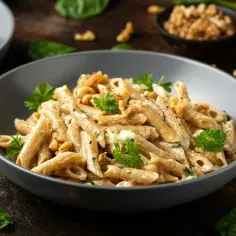 Penne z kremowym sosem, szpinakiem, orzechami i gorgonzolą, udekorowane natką pietruszki. Pyszne danie, które zachwyci każdego.
