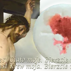 Obraz przedstawia ukrzyżowanego Jezusa i hostię z krwią, symbolizując najsłynniejsze cuda eucharystyczne.