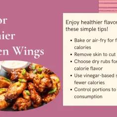 Zdjęcie przedstawia talerz z kurczakiem skrzydełkami, sosami i tekstem "Tips for Healthier Chicken Wings".