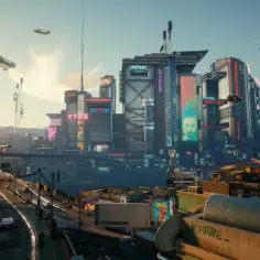 Neonowe miasto z latającymi pojazdami, jak w Cyberpunk 2077 dubbing. Wysokie budynki, reklamy i ruch uliczny tworzą futurystyczny krajobraz.