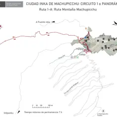 Mapa trasy 1-A do góry Machu Picchu, pokazujący, gdzie jest Machu Picchu. Widok z lotu ptaka na ruiny i szlaki.
