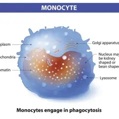 Schemat monocytu z jądrem, mitochondriami i aparatem Golgiego. Monocyty lekko podwyższone mogą wskazywać na stan zapalny.