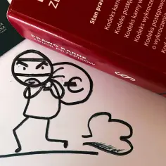 Złodziej z workiem euro ucieka przed Kodeksem karnym. Obok wizytówka kancelarii adwokackiej. 278 kk.