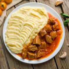 Tradycyjny gulasz wieprzowy z gładkim puree ziemniaczanym, podany na talerzu z pomidorkami i czosnkiem w tle.